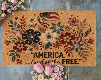 Patriotic Floral Doormat America Land Of The Free Welcome Mat, Fourth Of July Decor, Rustic Flower Doormat, Americana Entry Rug, Outdoor Mat