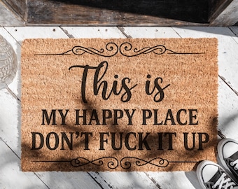 Dies ist mein glücklicher Ort, Bodenmatte, Eingangsteppich mit lustigem Zitat, einzigartige Matte für die Vorderseite, musik inspiriertes Wohndekor, coole Housewarming-Geschenkmatte
