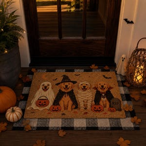 Peut inclure: Un paillasson rectangulaire en fibre de coco beige avec une illustration imprimée de quatre chiens golden retrievers déguisés pour Halloween, incluant un fantôme, une sorcière, une momie et un vampire, avec des citrouilles et une pierre tombale RIP.