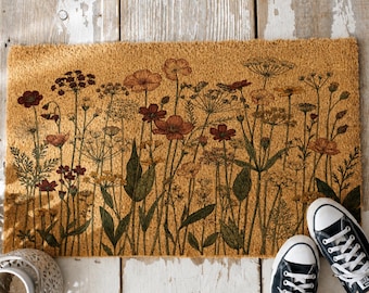 Wildflower Pattern Doormat, Boho Floral Welcome Mat, Spring Blossom Home Decor, Colorful Flowers Front Porch Coir Mat, Charming Entrance Rug
