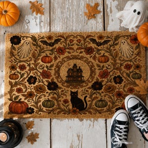 Peut inclure: Un paillasson rectangulaire en fibre de coco orné d'une illustration centrale de maison hantée dans un cadre circulaire, entourée de chats noirs, fantômes, chauves-souris, citrouilles et vignes florales aux tons orange, marron et noir.