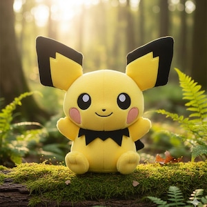 May include: A plush yellow Pichu toy with black-tipped ears, rosy cheeks, and a black bow tie. The stuffed animal is sitting on a moss-covered log in a forest setting, with ferns and sunlight in the background.
