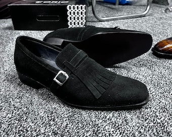 Fringe Monk Strap Loafers for Men – Handmade Leather Kiltie Dress Shoes, Wedding & Formal Slip-On Shoes