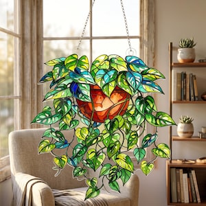 Attrape-soleil suspendu en forme de lierre, ornement de fenêtre, vitrail de feuille tropicale, décoration de fenêtre bohème, cadeau pour amateur de plantes