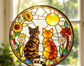 Personalisierter Katzen-Buntglas-Sonnenfänger, kundenspezifischer Katzen-Denkmal-Sonnenfänger, Fenster-hängendes Dekor, Haustier-Verlust-Beileidgeschenk, Katzenliebhaber / Katzenmama-Geschenk