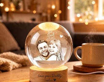 Custom Photo Crystal Ball Lamp, Warm Light Crystal Globe Night Light, Personalized Father's Day Gift, Unique Keepsake Gift for Dad
