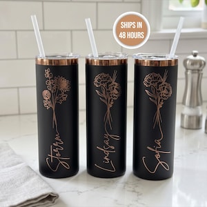 Custom Birth Flower Insulated Skinny Tumbler 20oz Mug Laser Engraved Personalized Gift For Sister Friend Bridesmaid, Travel Mug Bachelorette