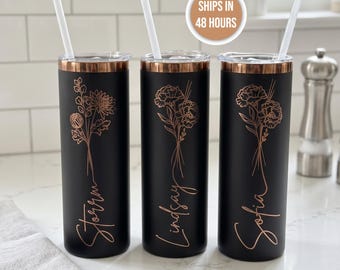 Custom Birth Flower Insulated Skinny Tumbler 20oz Mug Laser Engraved Personalized Gift For Sister Friend Bridesmaid, Travel Mug Bachelorette
