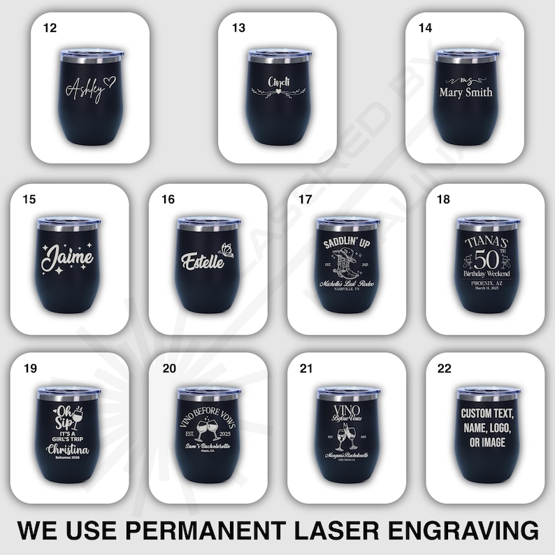 May include: A collection of black insulated wine tumblers with silver rims. Each tumbler is laser engraved with custom text, names, logos, or images. Designs include names, quotes, and graphics for various occasions.