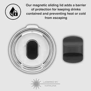 May include: A clear, round tumbler lid with a black sliding closure, next to a detached black slider. The lid has a white interior and a silver rim. Text reads: "Our magnetic sliding lid adds a barrier of protection for keeping drinks contained and preventing heat or cold from escaping."