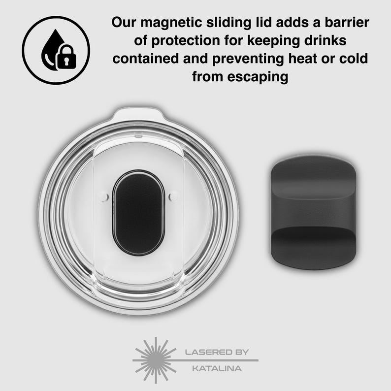 May include: A clear, round tumbler lid with a black sliding closure, next to a detached black slider. The lid has a white interior and a silver rim. Text reads: "Our magnetic sliding lid adds a barrier of protection for keeping drinks contained and preventing heat or cold from escaping."