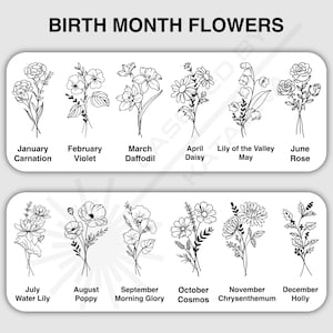 May include: A black and white graphic featuring birth month flowers. Each month has a different flower, including carnation, violet, daffodil, daisy, lily of the valley, rose, water lily, poppy, morning glory, cosmos, chrysanthemum, and holly.