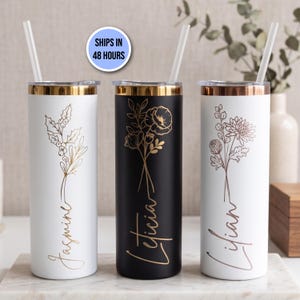 Custom Birth Flower Insulated Skinny Tumbler Mug Laser Engraved Personalized Gift for Sister Best Friend Bridesmaid, Travel Mug Bachelorette