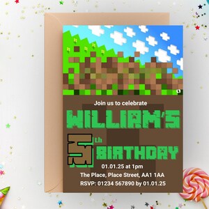 May include: A birthday invitation with a pixelated landscape design. The invitation reads "Join us to celebrate WILLIAM'S 5th BIRTHDAY" with the date, time, and location. The invitation is on a brown background with a light brown envelope.