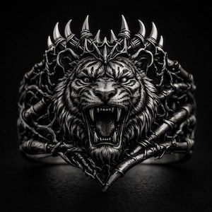 May include: A detailed silver ring depicting a roaring tiger wearing a crown. The ring has intricate detailing, including the tiger's fur, teeth, and a bamboo-like design. The ring is set against a dark background.