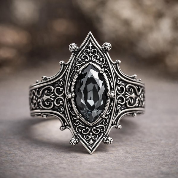 Bague cathédrale gothique en argent sterling, pierre marquise noire, bague tendance victorienne en filigrane