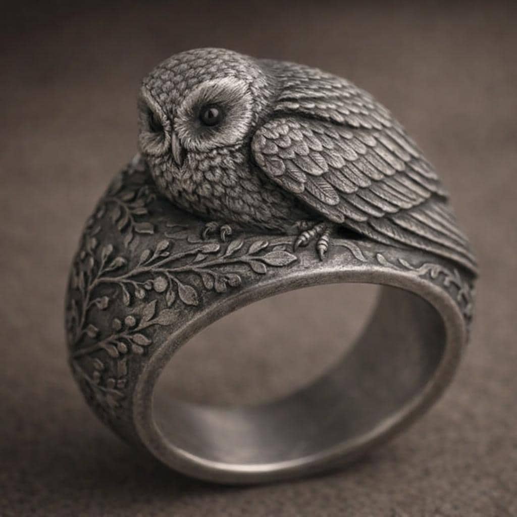 Sterling Silver Owl Ring, Woodland Engraved Band, Oxidized Nature Statement Jewelry
