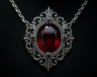 Victorian Gothic Red Gem Pendant Necklace – Antique Style Jewelry