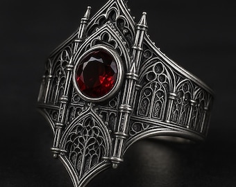 Gothic Cathedral Ring with Red Gemstone – Medieval Inspired Jewelry