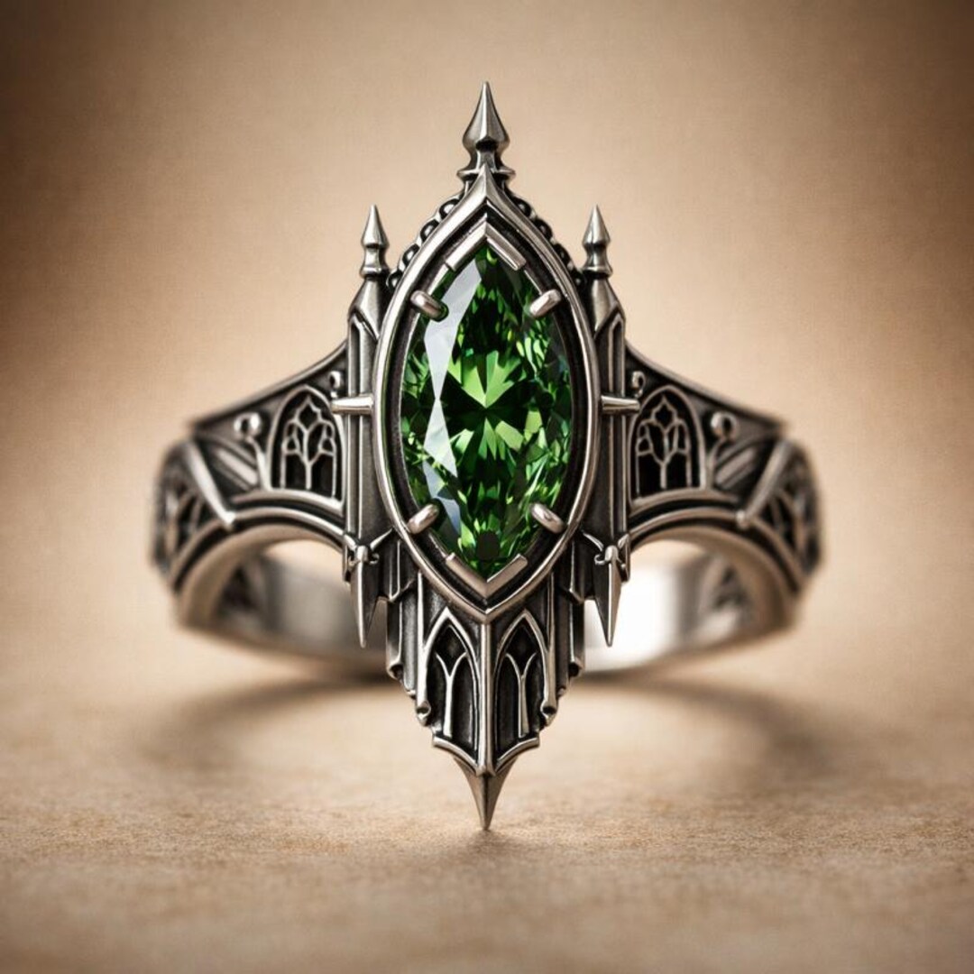 Gothic Cathedral Green Lab Diamond Marquise Ring in Sterling Silver ...