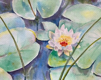 Vermont Watercolor Print, Waterlily, Colchester Point,  Lake Champlain, floral painting