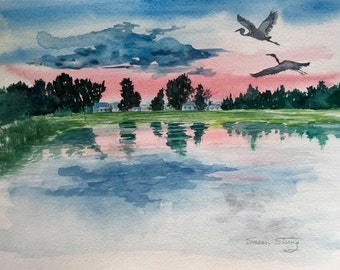 Vermont Watercolor Print, Colchester Point, Landscape, Sunset, Blue Herons, Lake Champlain