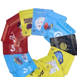 May include: A collection of colourful, resealable bags in red, yellow, blue, and black. Each bag displays distinct graphics and text, such as "Cookies," "SORP," and "Lemon." The bags are arranged in a circular pattern.