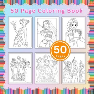 May include: A 50-page coloring book featuring line art illustrations of K-Pop stars and the text "K-Pop Demon Hunters." The cover displays six different drawings of female figures in various poses. The book is surrounded by a border of colored pencils.