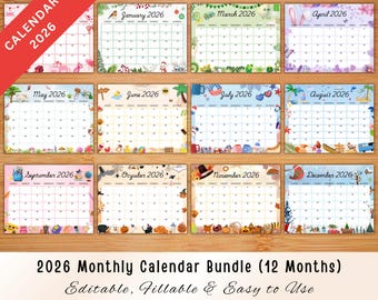 Editable 2026 Monthly Calendar Cute Printable Year Planner for Kids, Homeschool & Office Canva-Friendly PDF Instant Digital Download