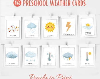 16 Weather Cards Montessori flashcards Pre-School Cards Rainbow Educational Printable Cards Digital Download