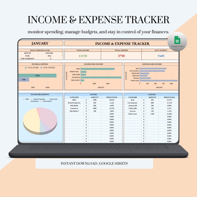 Income and Expense Tracker Spreadsheet Monthly Budget Planner Personal
