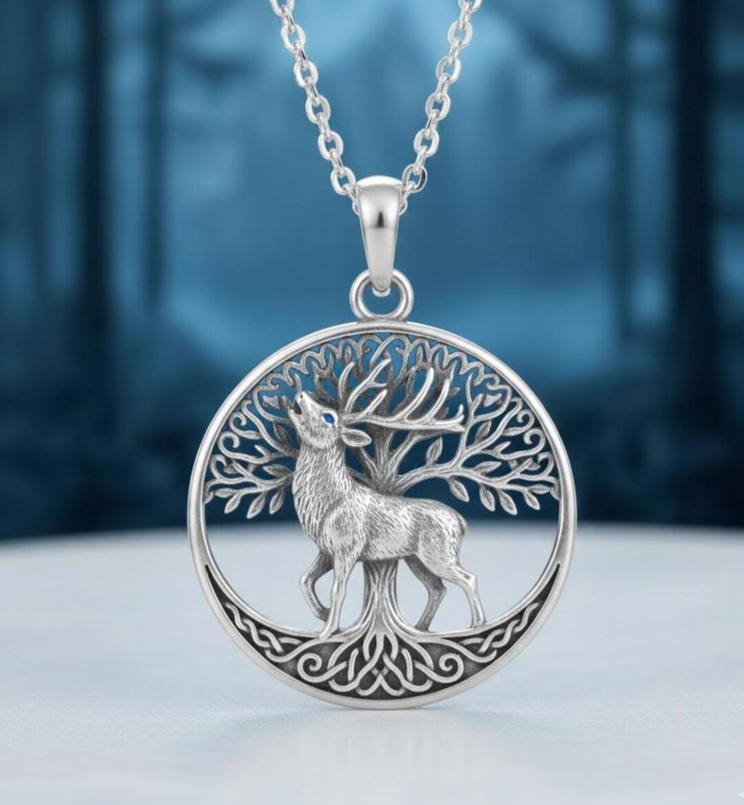 Silver Stag Tree of Life Necklace, Blue CZ Eye, Celtic Talisman - Etsy