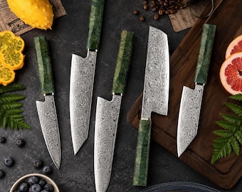 Premium Handmade Stainless Steel Japanese Chef Set, Custom Engraved Blade With Green Resin Handle, Professional Kitchen Cutlery Gift.