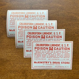 Quantité de 4 liniments chloroformes vintage U.S.P. Étiquettes de médicaments antipoison de McKinstry's Drug Store, Hudson, NY New Old Stock image 1