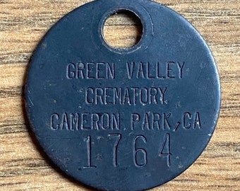 Green Valley Crematory Toe Tag Cameron Park CA California ID Token Vintage Funeral Home Coin