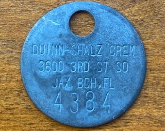 Quinn-Shalz Crematory Toe Tag Jacksonvile Beach, Florida ID Token Vintage Funeral Home Coin