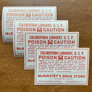 Quantité de 4 liniments chloroformes vintage U.S.P. Étiquettes de médicaments antipoison de McKinstry's Drug Store, Hudson, NY New Old Stock image 2