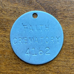 Étiquette d'orteil de crémation mortuaire du crématoire Faith, pièce d'identité vintage pour salon funéraire