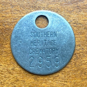 Southern Heritage Crematory Cremation Toe Tag Alabama ID Token Vintage Funeral Home Coin