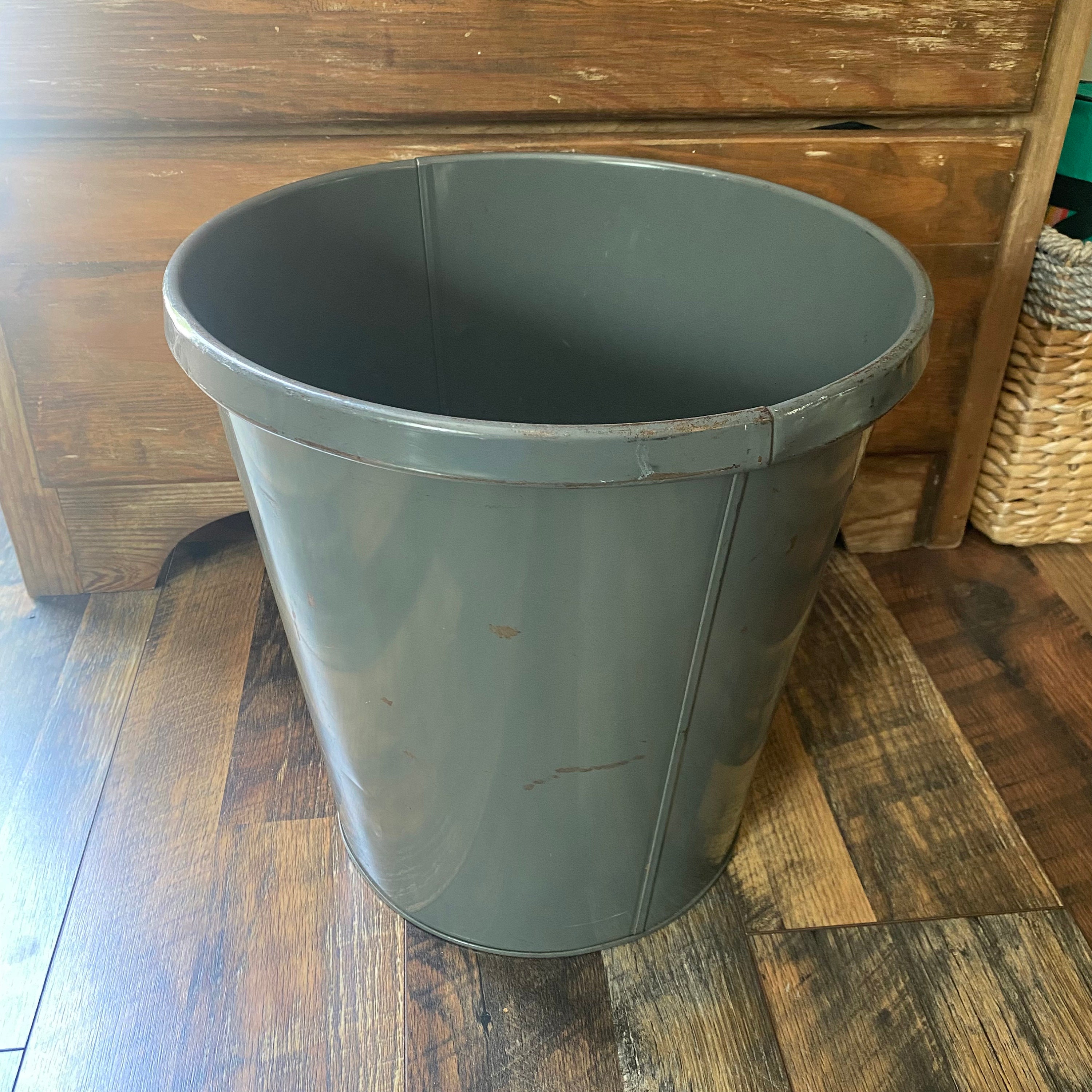 c. 1950's original pressed american industrial vintage steel roberts  electric company office stationary trash can or paper waste basket with  original baked on gray enameled finish