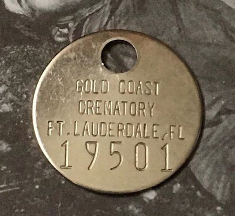 Vintage Gold Coast Crematory Ft Lauderdale Florida Metal ID Token Funeral Toe Tag image 1