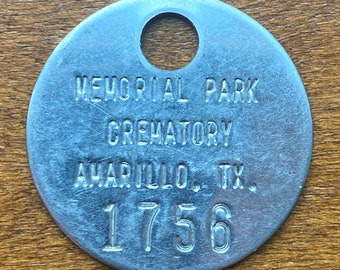 Memorial Park Crematory Toe Tag Amarillo Texas ID Token Vintage Funeral Home Coin