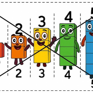 Peut inclure: Illustration éducative avec des blocs de chiffres de dessins animés de 1 à 5. Chaque bloc est d'une couleur différente : rouge, orange, jaune, vert et bleu. Les chiffres sont affichés au-dessus et en dessous de chaque bloc, avec une expression faciale unique.