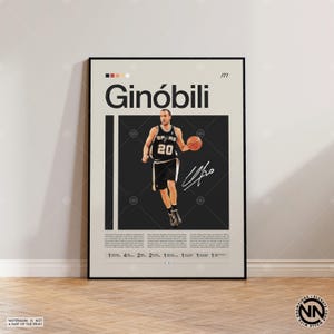 May include: A framed poster featuring a basketball player in a black and white uniform, holding a basketball. The poster has the name "Ginóbili" in large letters, a signature, and the team's logo. The background is a neutral color.