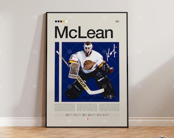 Puede incluir: Un póster enmarcado con un portero de hockey sobre hielo con uniforme blanco, negro y amarillo. El póster tiene el nombre "McLean" en letras grandes, una firma y el número "/66". El portero lleva un casco y sostiene un palo de hockey. El fondo es azul.
