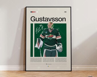 Póster de Filip Gustavsson, Póster de los Minnesota Wild, Póster de la NHL, Póster de hockey, Póster deportivo, Estilo moderno de mediados de siglo, Pósteres deportivos para dormitorio