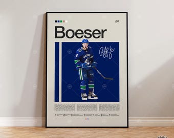 Puede incluir: Un póster enmarcado con un jugador de hockey con uniforme azul y verde, con el nombre "Boeser" en letras grandes. El póster incluye una firma y el número "97". El fondo es de color beige claro con una franja vertical azul oscuro.