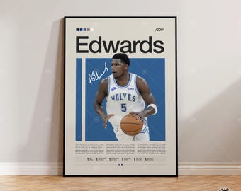 Affiche Anthony Edwards, impression Timberwolves, affiche NBA, affiche de sport, style Mid-Century moderne, fans de la NBA, cadeau de basket-ball, affiches de chambre sport