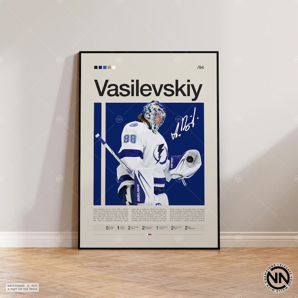 Plakat Andrieja Wasilewskiego, Plakat Tampa Bay Lightning, Plakat NHL, Plakat hokejowy, Plakat sportowy, Moderna z połowy XX wieku, Plakaty do sypialni dla sportowców