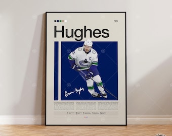 Puede incluir: Un póster enmarcado con un jugador de hockey sobre hielo con uniforme blanco, azul y verde. El póster tiene el nombre "Hughes" en letras negras grandes, con la firma del jugador y un fondo azul. El póster se muestra sobre un suelo de madera.